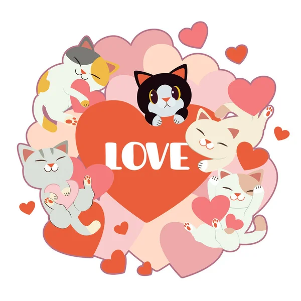 Group Cute Cat Friends Lot Heart White Background Character Cute — Stock Vector