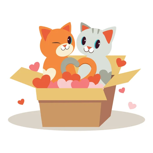 Character Couple Love Cute Cat Box Play Heart White Background — Stock Vector