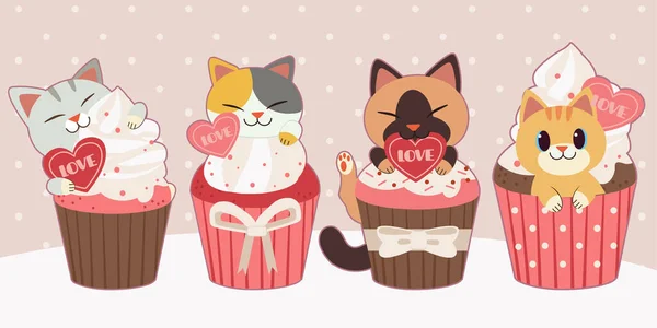 Collection Cute Cat Sitting Cupcake Pink Background Character Cute Cat — Stock Vector