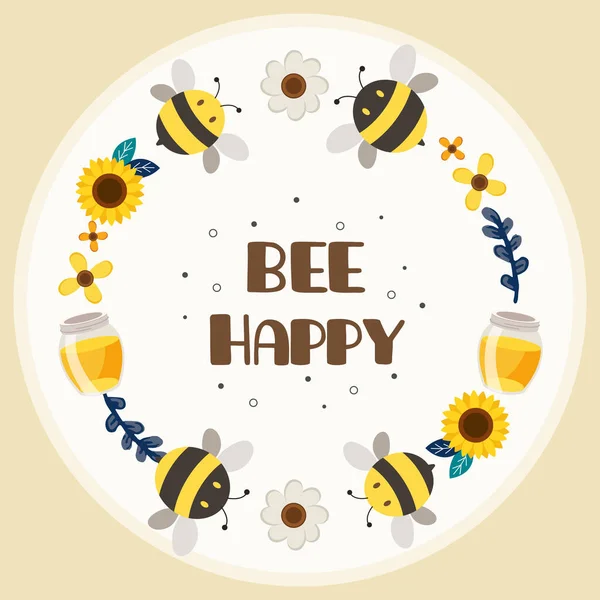 Персонаж Милой Пчелы Цветущим Счастливым Текстом Пчелы — стоковый вектор