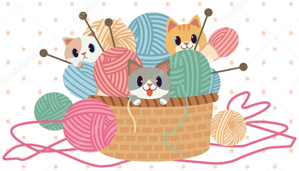 The character of cute cat playing in the yarn in the big basket 