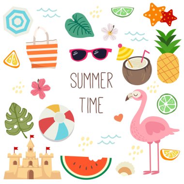 Yaz saati seti koleksiyonu. Şirin flamingo ananas.