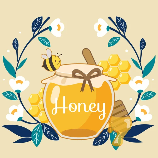 Tarro Miel Flor Blanca Cuchara Abeja Linda Fondo Amarillo Ilustración — Vector de stock