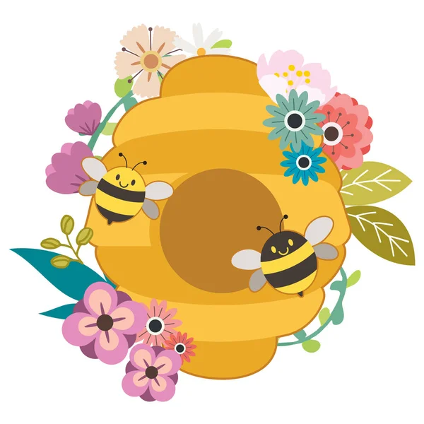 Personaje Abeja Negra Linda Abeja Amarilla Con Colmena Flor Garabato — Vector de stock