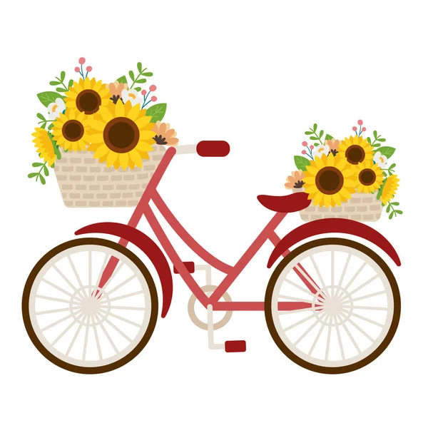 Joli Tournesol Dans Panier Sur Vélo Rouge Sur Fond Blanc — Image vectorielle