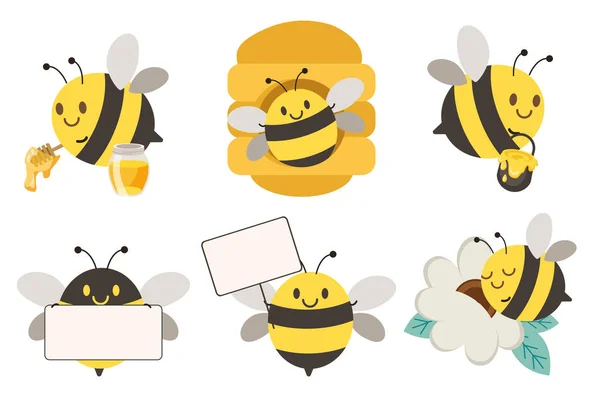 平面矢量样式的白色背景上有许多动作的可爱蜜蜂的集合 关于蜜蜂的图形 贴纸的图形资源 — 图库矢量图片