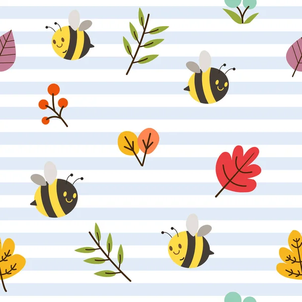 フラットベクトルスタイルで青と白の背景にかわいい蜂や花や葉のシームレスなパターン バックグランドバナーのイラストです — ストックベクタ