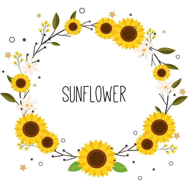 The cute sunflower with white flower with flowerring on the fream and text of sunflower in flat vector style. illustation for banner, graphic,greeting card, banner,sticker label.