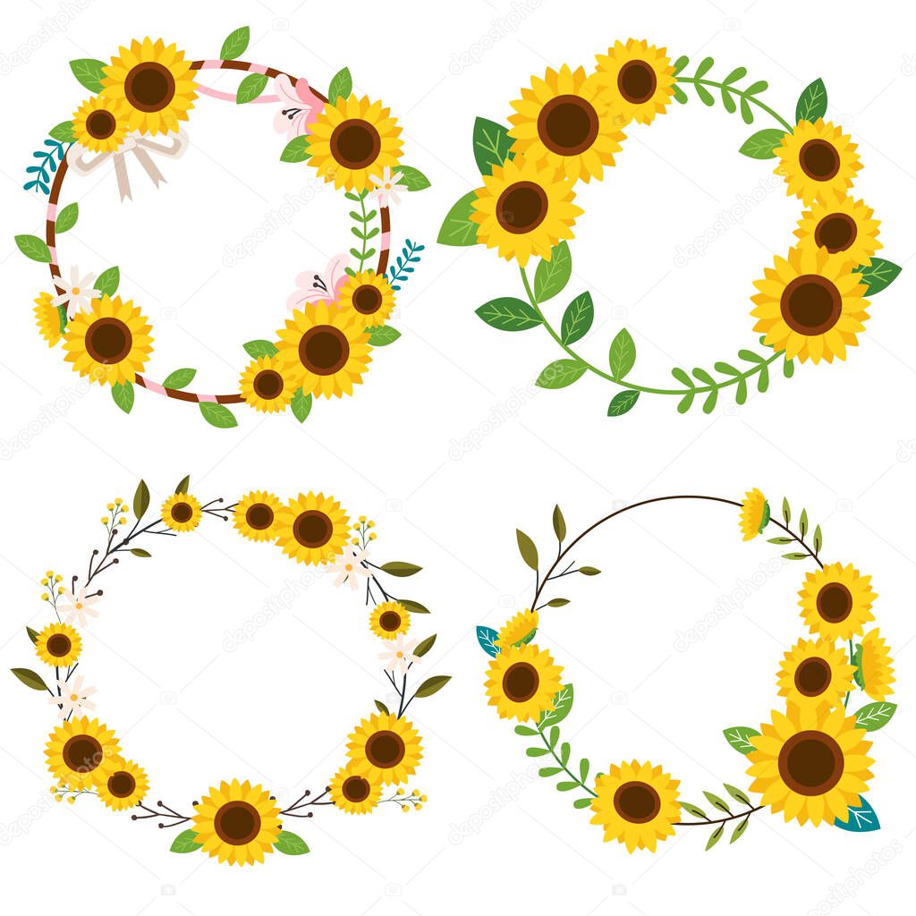 The collection of sunflower wreath in set. illustion sunflower flat vector for celebrate and content , greeting card. 