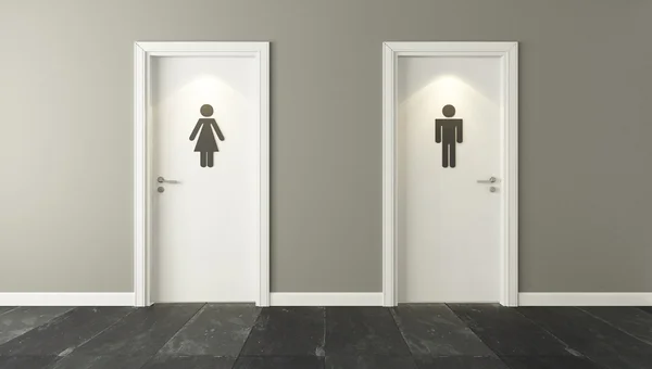 White restroom doors for male and female genders with spot light — Stock Photo, Image