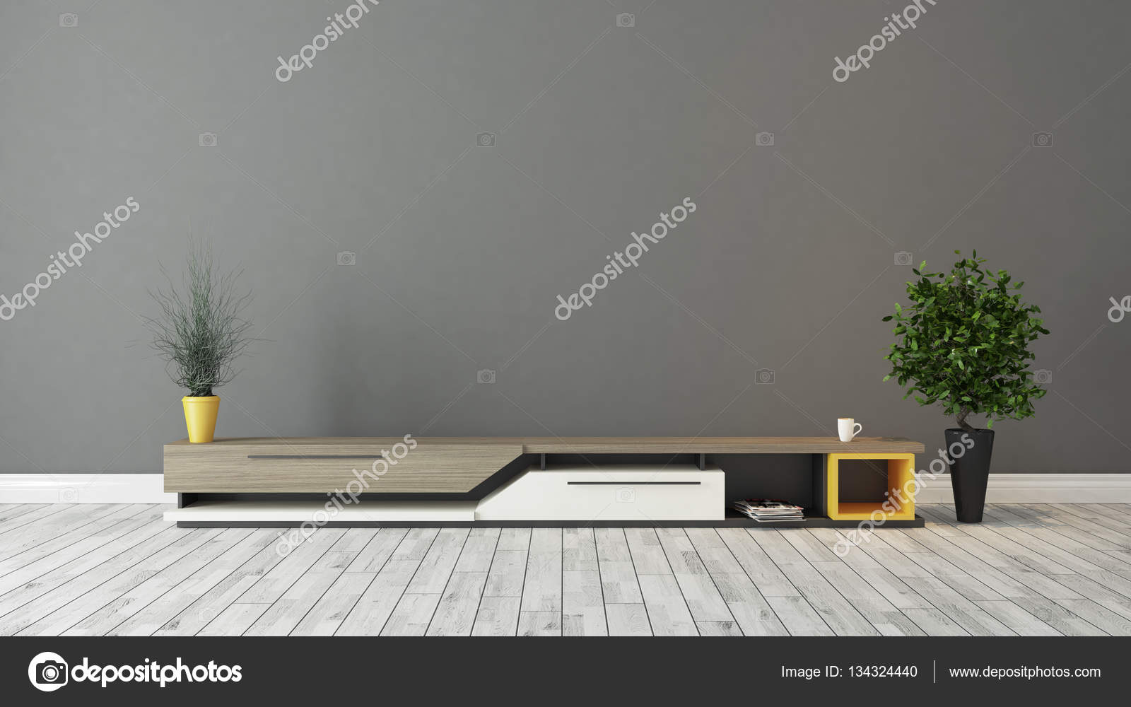 zimmer braun grau, moderne tv-ständer mit grau braun wandgestaltung — stockfoto, Design ideen