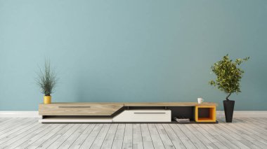 Modern tv stand mavi duvar tasarımı ile 
