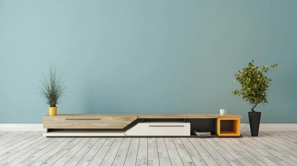 Modern tv stand mavi duvar tasarımı ile 