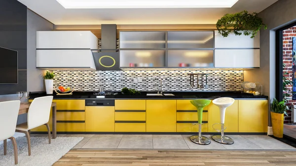 Idea de decoración de diseño de cocina de color amarillo — Foto de Stock