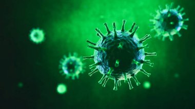 Tehlikeli Cordemic Coronavirus covid-19 gribi. Yeşil arka planı ve derin alan etkisi olan 3D..