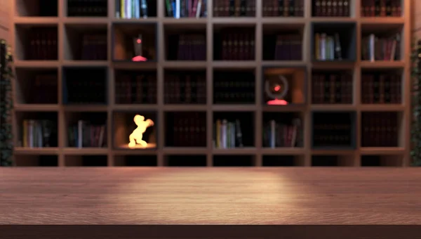 黑色书架前的木制空书桌 书架上放满了来自图书馆深处的现代经典书籍 具有实地效果的3D渲染 — 图库照片