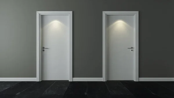 Δύο Λευκή Πόρτα Κάτω Από Spot Light Τοίχο Και Μαύρο — Φωτογραφία Αρχείου