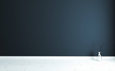 Modern koyu mavi duvarı, metalik vazosu, kuru siyah bitkisi ve beyaz ahşap zemini olan boş bir oda.