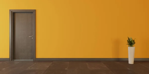 Καφέ Ξύλινη Πόρτα Κίτρινο Τοίχο Φυτό Και Μαύρο Πέτρινο Δάπεδο — Φωτογραφία Αρχείου