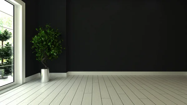 白い木製の床と植物の3Dレンダリングと黒の壁の空の部屋のインテリアデザイン — ストック写真