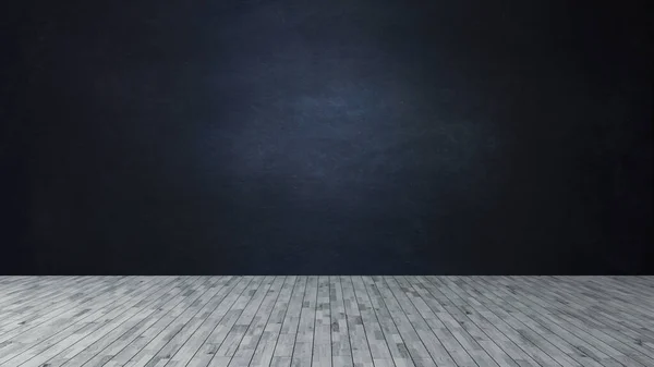 Donkerblauwe Muur Als Een Schoolbord Houten Vloer Voor Product Lege — Stockfoto