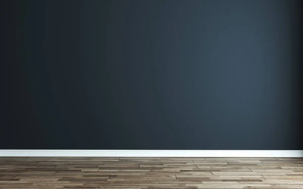 Habitación Vacía Con Pared Azul Oscuro Moderno Suelo Madera Renderizado — Foto de Stock