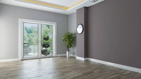 Zweifarbige Wand Leeren Raum Raumgestaltung Mit Holzboden Und Uhr Anlage — Stockfoto