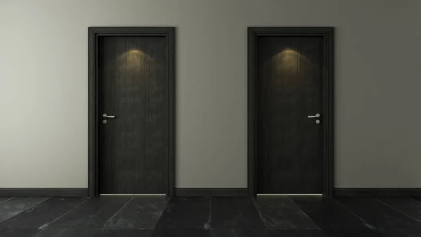 Dwa Czarne Drewniane Drzwi Pod Światło Punktowe Podłogą Czarnego Kamienia — Zdjęcie stockowe