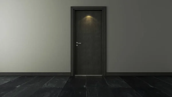 Μαύρη Ξύλινη Πόρτα Κάτω Από Spot Light Τοίχο Και Μαύρο — Φωτογραφία Αρχείου