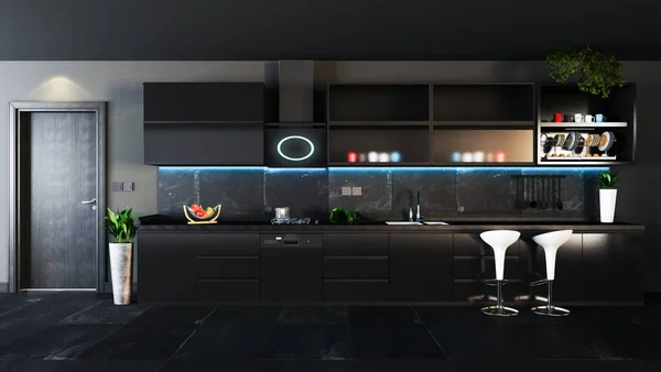 Diseño Cocina Negro Con Puerta Negra Decoración Interiores Oscuros Idea — Foto de Stock