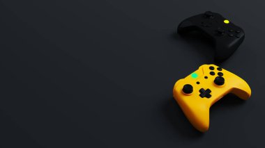 Oyun yarışması. Siyah arka planlı sarı ve siyah joystick 3B görüntüleme