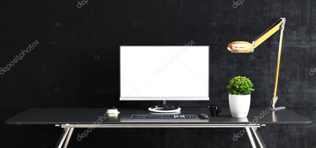Work space stand mock up with table and plant, computer, keyboard, mouse; cup; sticker, table lamp front black concrete wall 3D rendering