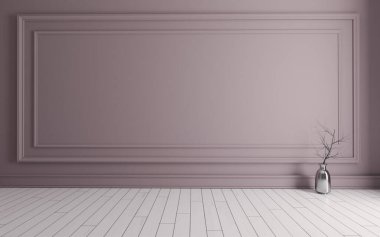 Modern klasik duvar panelleri, metal vazo, kuru bitki ve beyaz ahşap döşemeli boş oda.