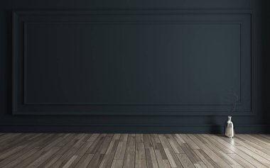 Modern klasik duvar panelleri, metal vazo, kuru bitki ve ahşap döşemeli boş oda.