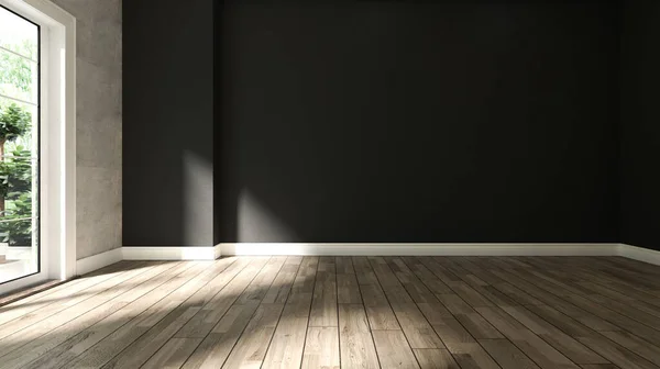 Černá Betonová Stěna Prázdný Pokoj Interiér Design Dřevěnou Podlahou Vykreslování — Stock fotografie