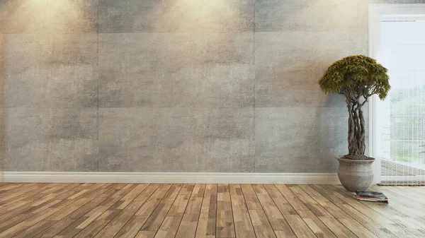 植物コンクリート壁のインテリア3Dレンダリング付きのリビングルーム — ストック写真