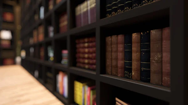 Fából Készült Könyvespolc Tele Könyvtári Könyvekkel Modern Klasszikus Könyvekkel Mélységi — Stock Fotó