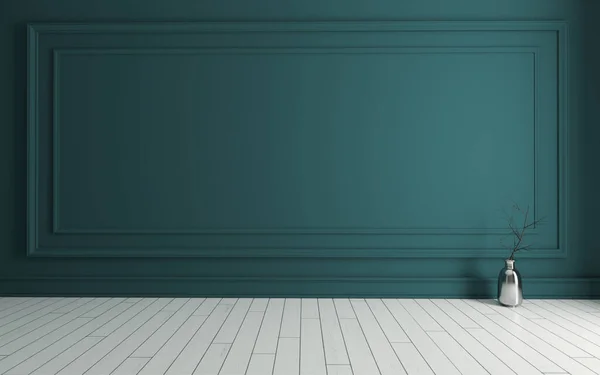 Порожня Кімната Сучасними Класичними Зеленими Стіновими Панелями Металевою Вазою Сухою — стокове фото