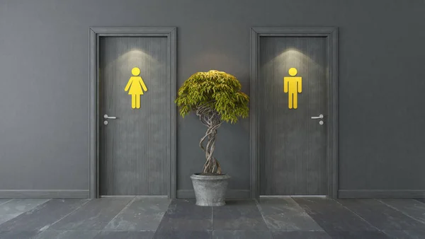 黑色厕所门 黑色墙壁 黑色石板和黄色标志 您的项目3D渲染 — 图库照片