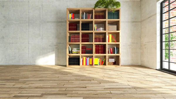 コンクリートの壁と空の部屋で木製の個人的な本棚 木製の寄木細工の背景3Dレンダリングで覆われた部屋の太陽光の反射 — ストック写真