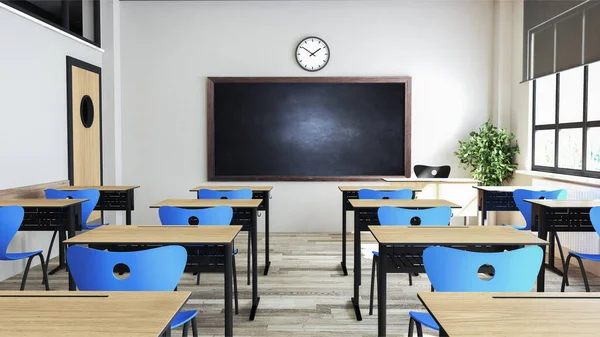 Classroom design with modern desks, seats, blackboard, watch and door 3D rendering