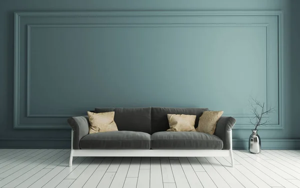 Сіре Сидіння Сучасними Класичними Зеленими Стіновими Панелями Металевою Вазою Сухою — стокове фото
