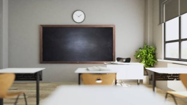 Modern masalar, koltuklar, karatahta, saat ve kapı derinliğindeki sınıf tasarımı 3B görüntüleme 