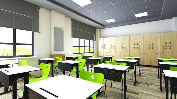 Classroom design with modern desks, green seats and wardrobe 3D rendering