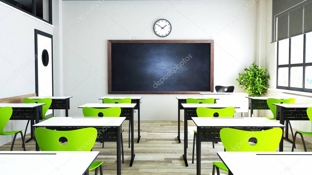 Classroom design with modern green seat and desk, blackboard, watch and door 3D rendering