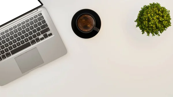 Laptop Sade Kahve Fincanı Beyaz Masa Arkasındaki Küçük Bitki — Stok fotoğraf