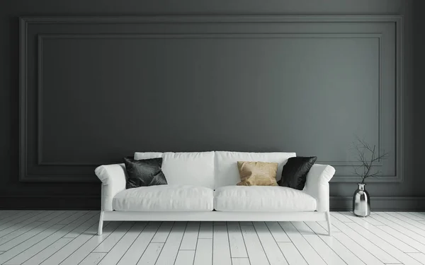 White Fabric Sofa White Wooden Floor Black Classic Frame Wall — Stock Photo, Image