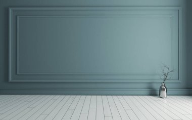 Modern klasik yeşil duvar panelleri, metalik vazo, kuru bitki ve beyaz ahşap döşeme 3D