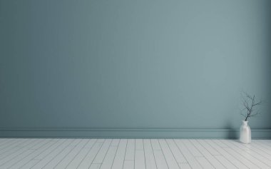 Duvarı ve beyaz ahşap zemini olan boş bir oda.