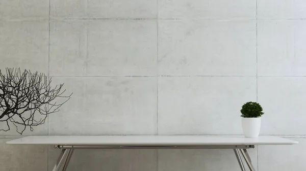 ワークスペーススタンドテーブルと植物のフロントビューコンクリート壁の現実的な3Dレンダリングでモックアップ — ストック写真